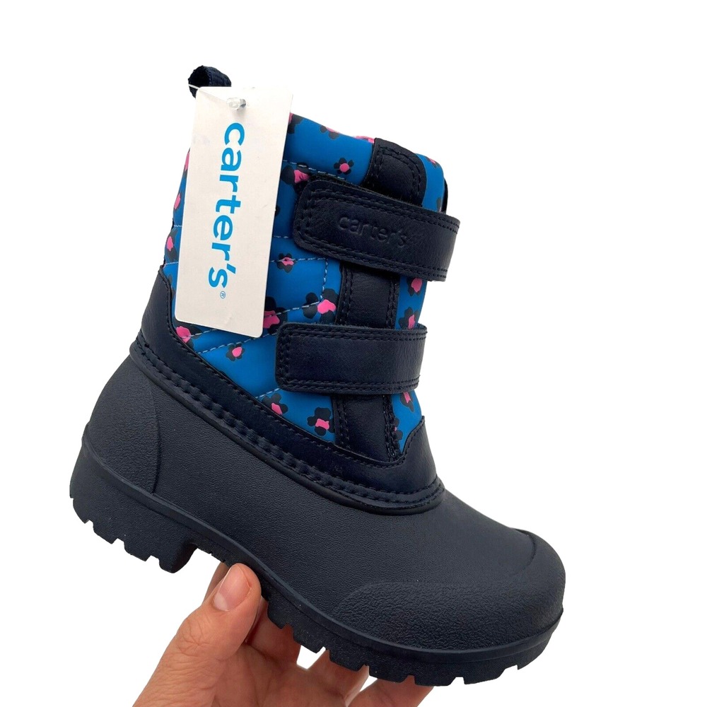 Carters Little Girls Slip on Warm Snow Boots Size 12 Pink Navy Blue Adjustable